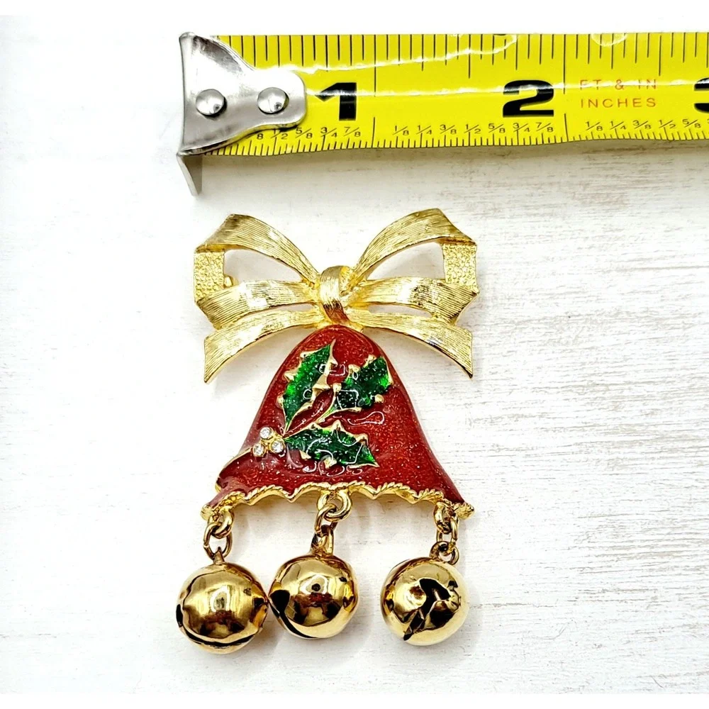 Vintage Christmas Bell Bow Brooch – Goldtone Glitter Enamel Holiday Pin